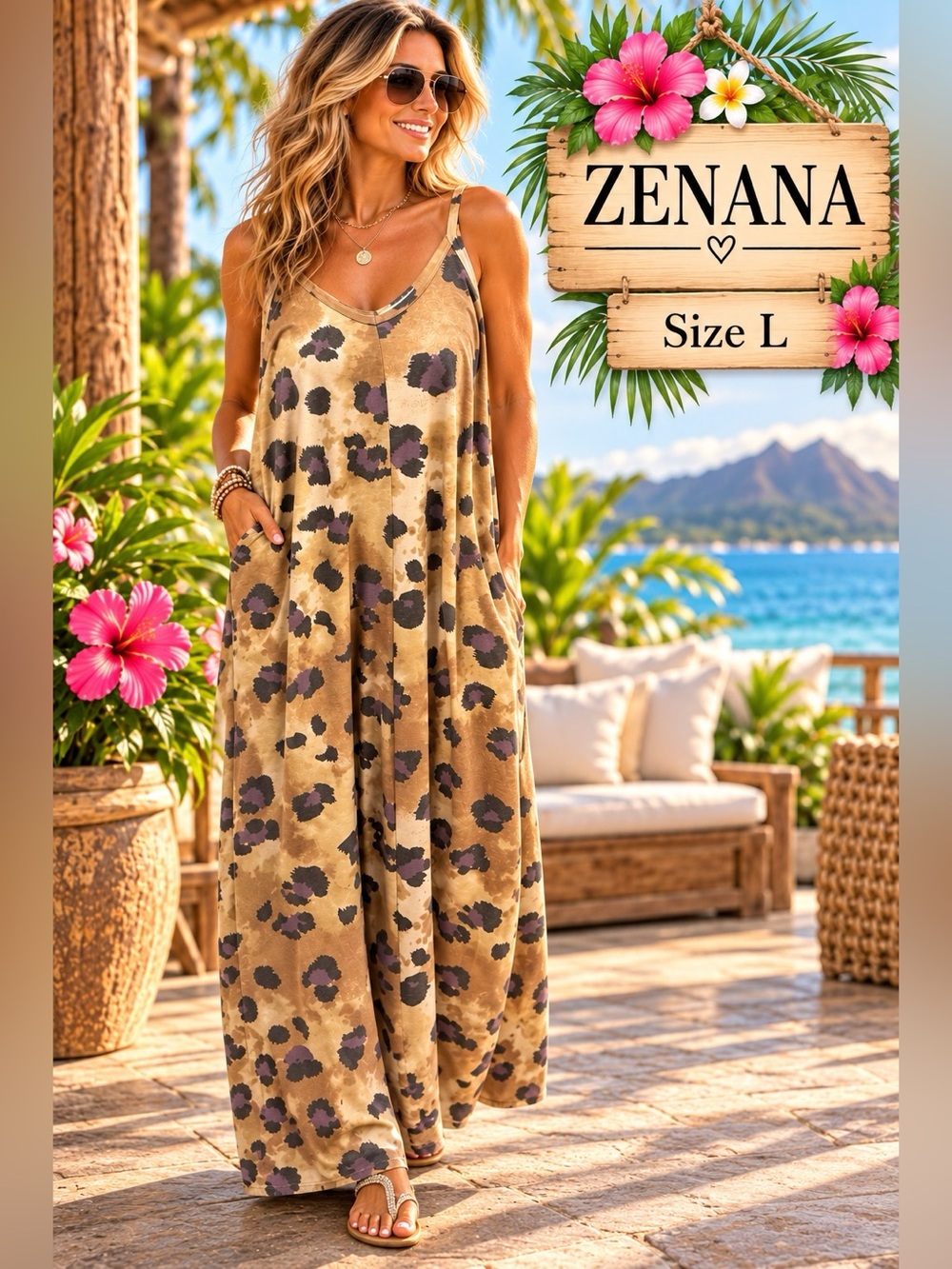 ZENANA Leopard Print Maxi Dress Brown, Beige & Purple Large